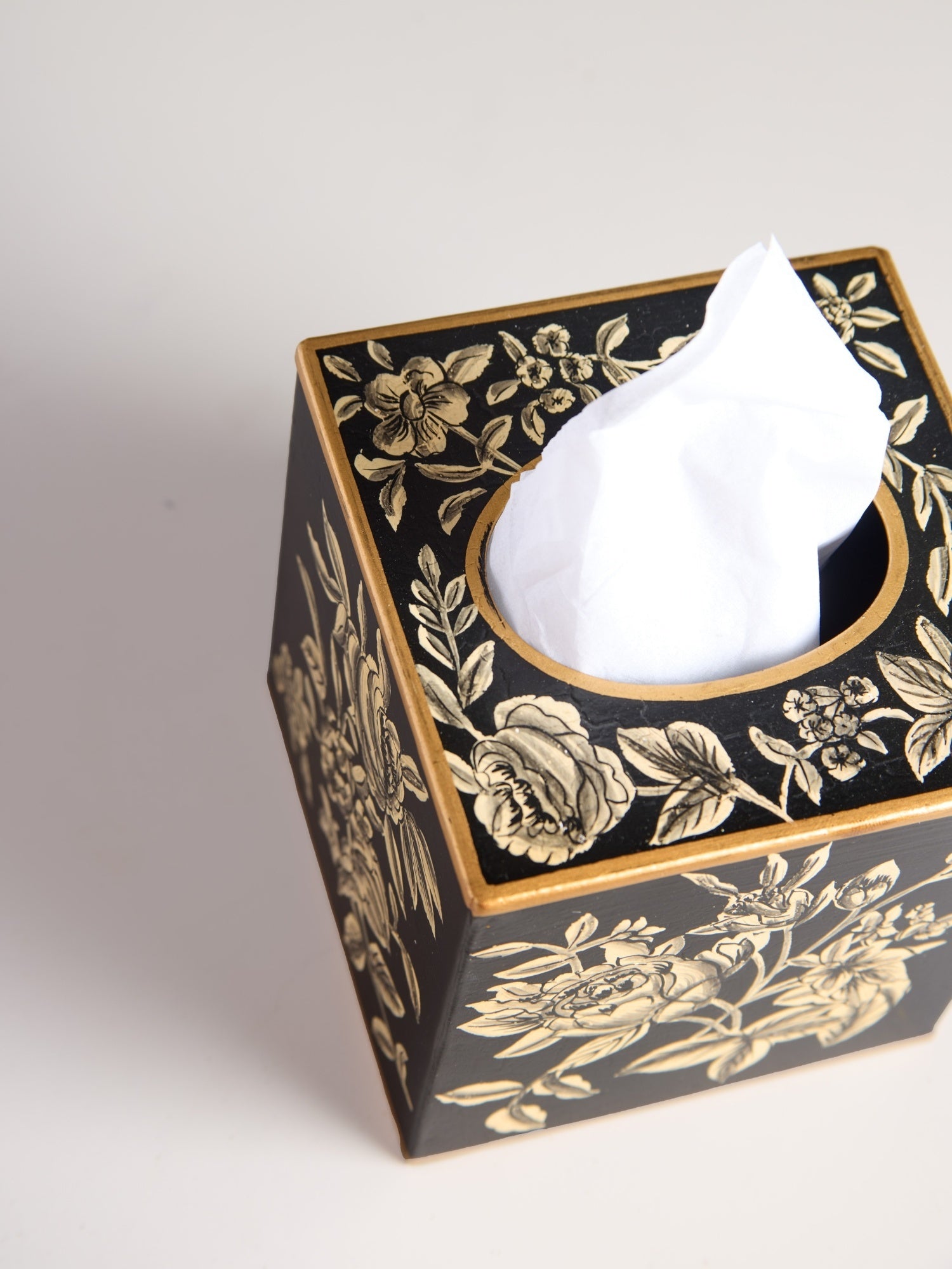 Peony Monochrome Handpainted Tissue Box Cover - Square (Without Base)