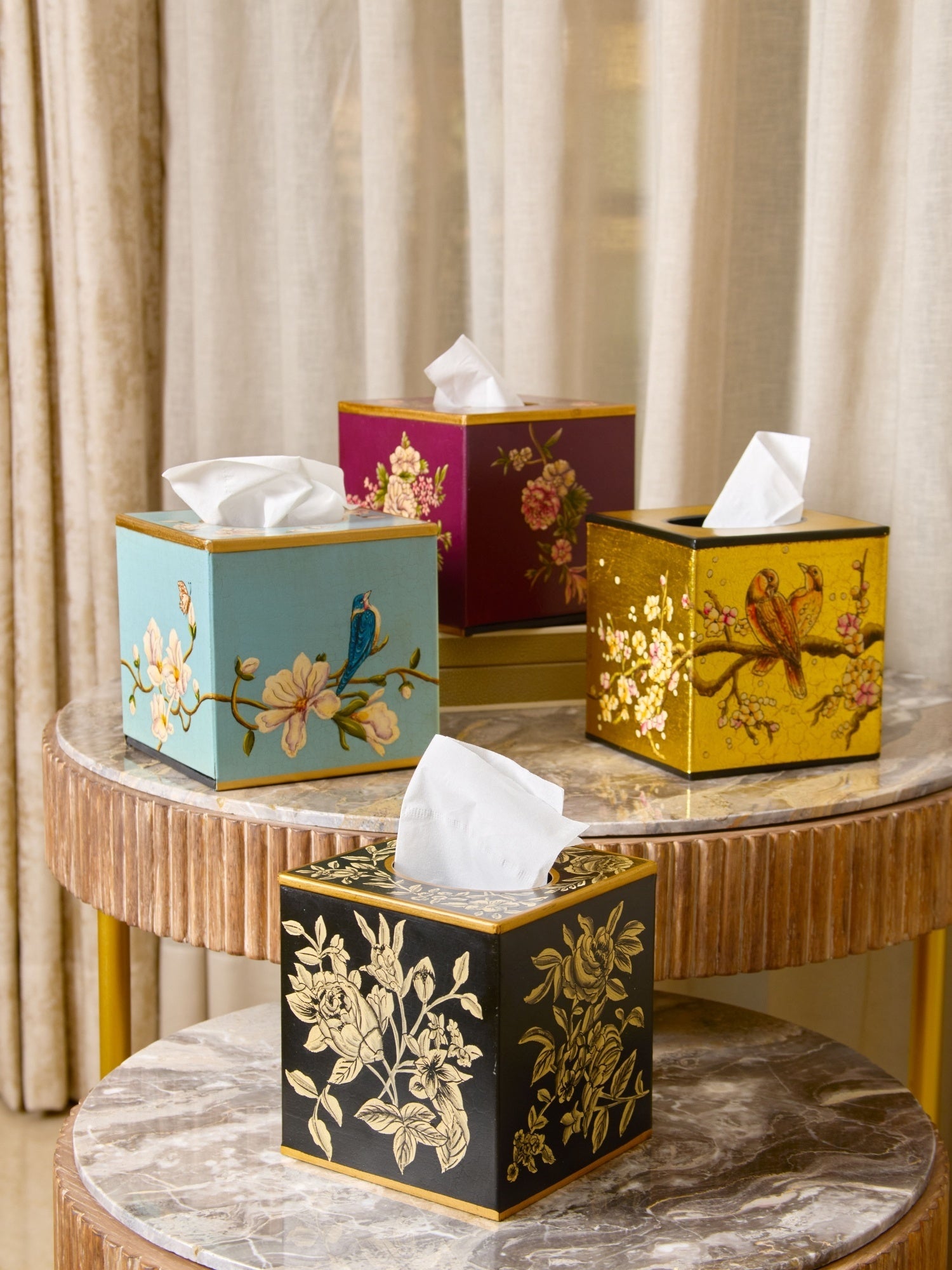 Peony Monochrome Handpainted Tissue Box Cover - Square (Without Base)