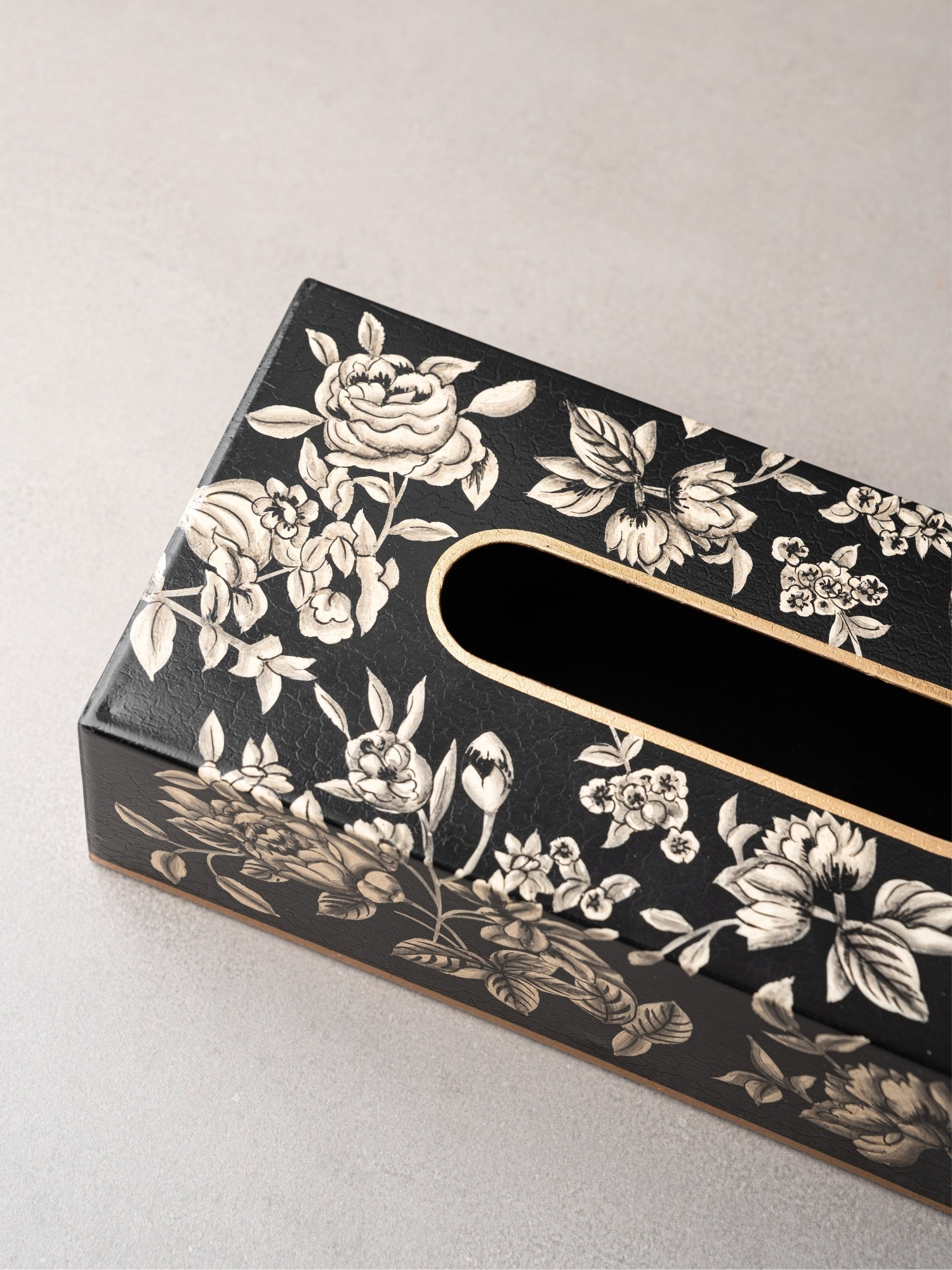 Peony Monochrome Handpainted Tissue Box Cover - Rectangle (With Base)