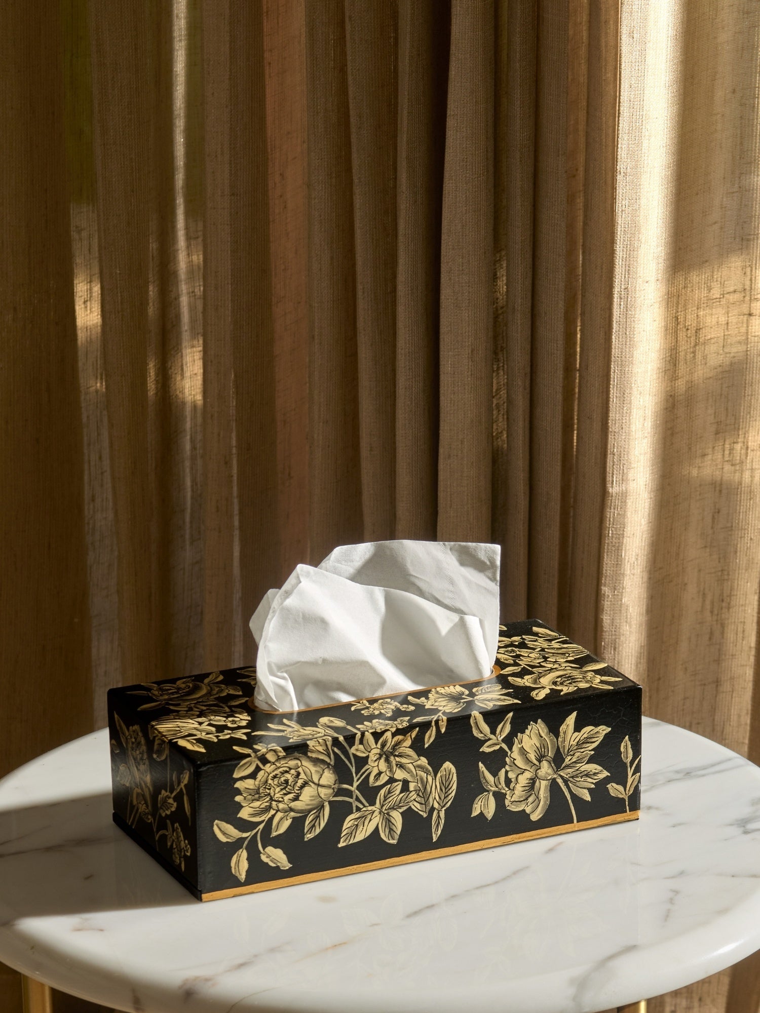 Peony Monochrome Handpainted Tissue Box Cover - Rectangle (With Base)