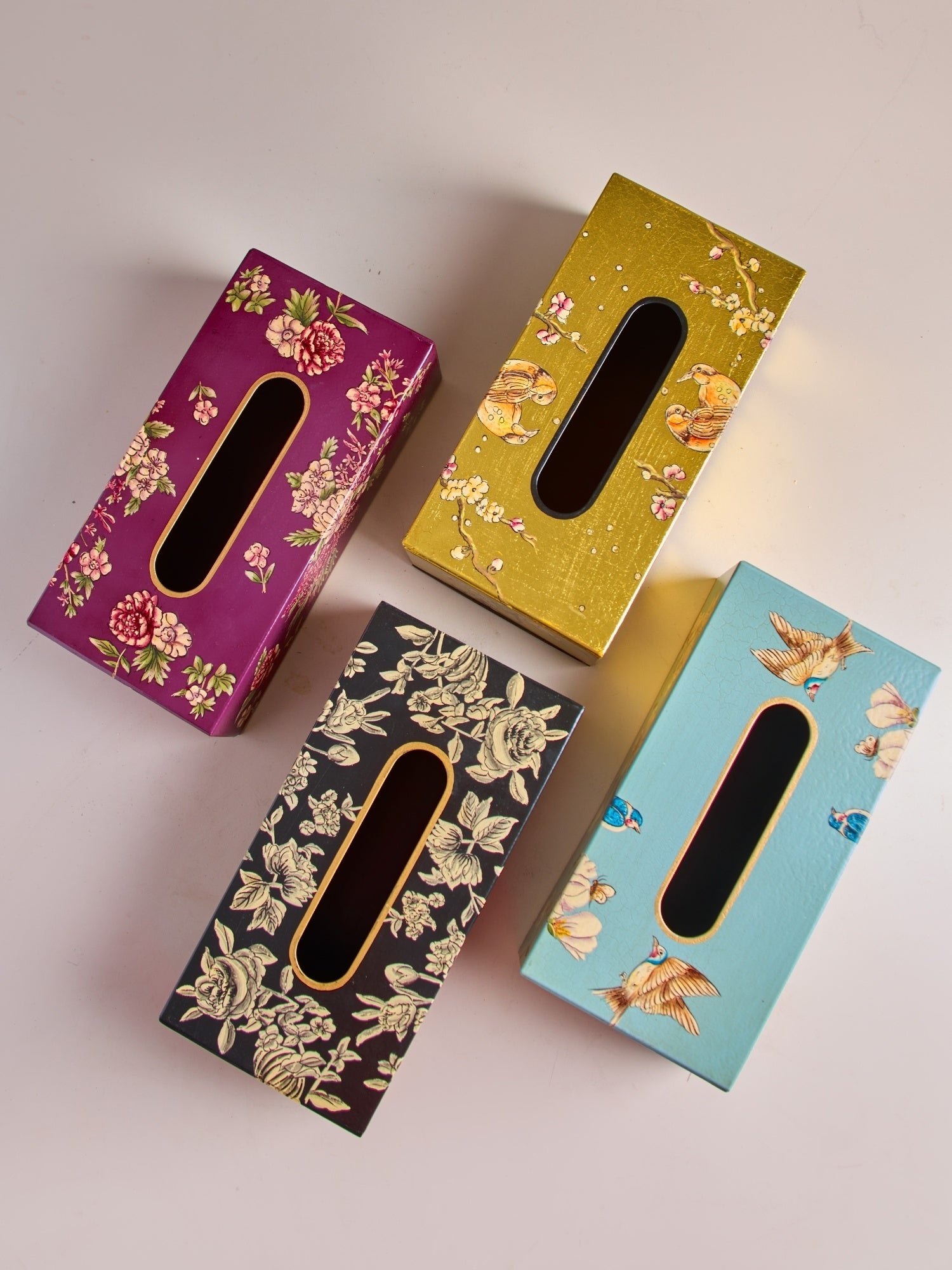 Peony Monochrome Handpainted Tissue Box Cover - Rectangle (With Base)
