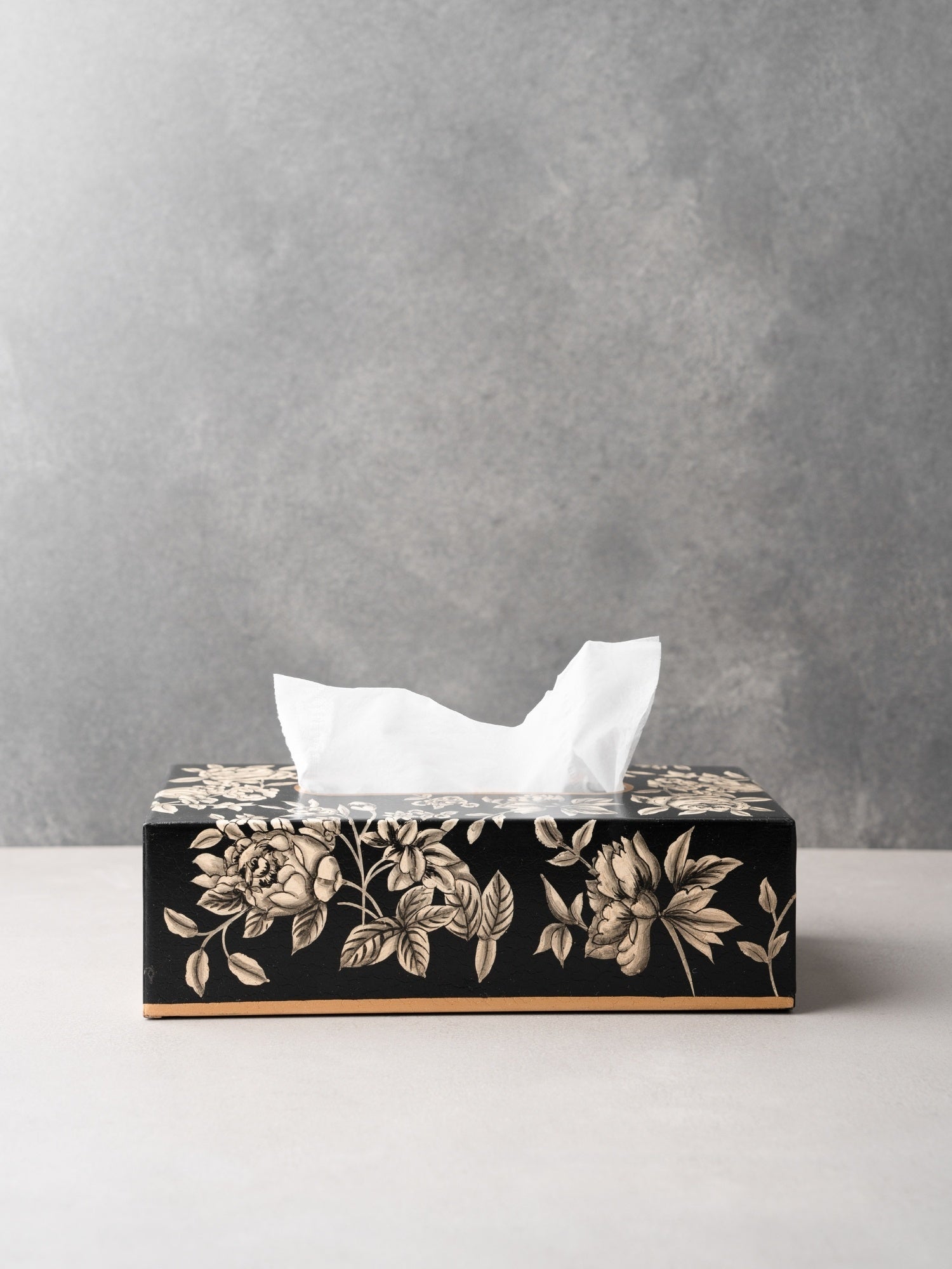 Peony Monochrome Handpainted Tissue Box Cover - Rectangle (With Base)