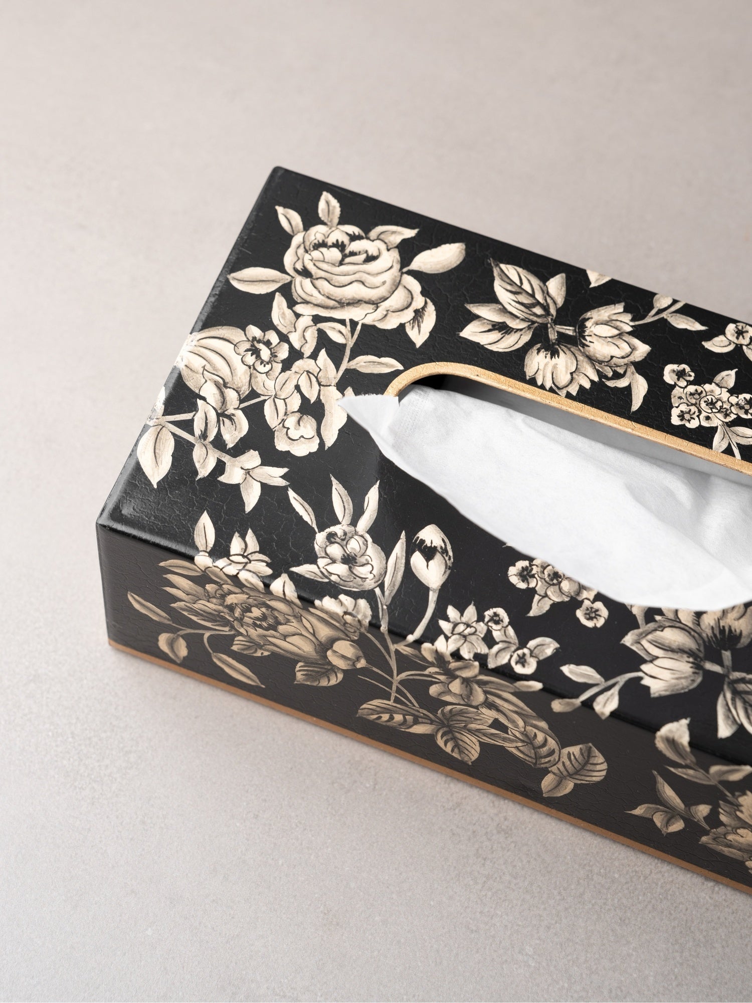 Peony Monochrome Handpainted Tissue Box Cover - Rectangle (With Base)