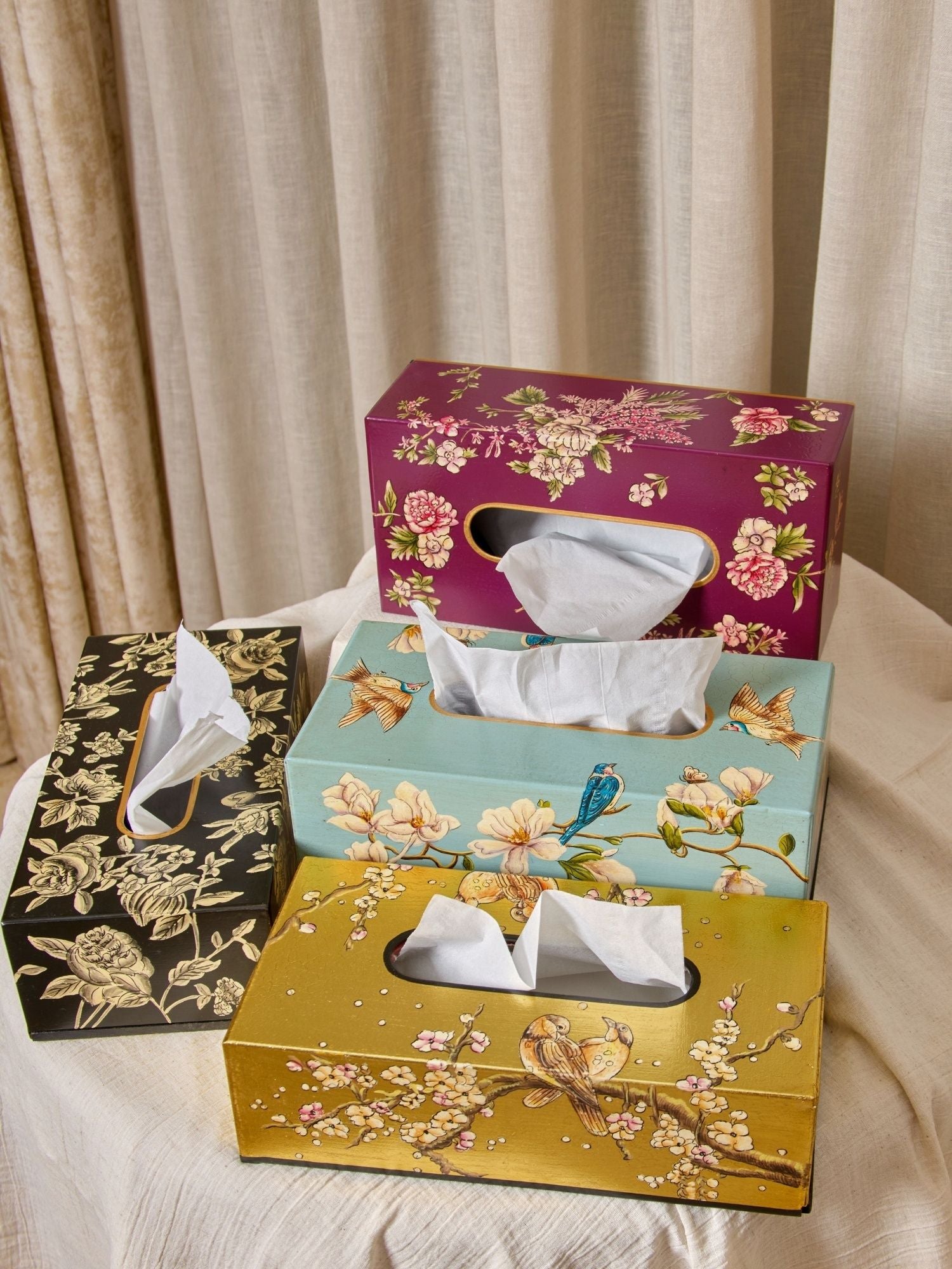 Peony Monochrome Handpainted Tissue Box Cover - Rectangle (With Base)