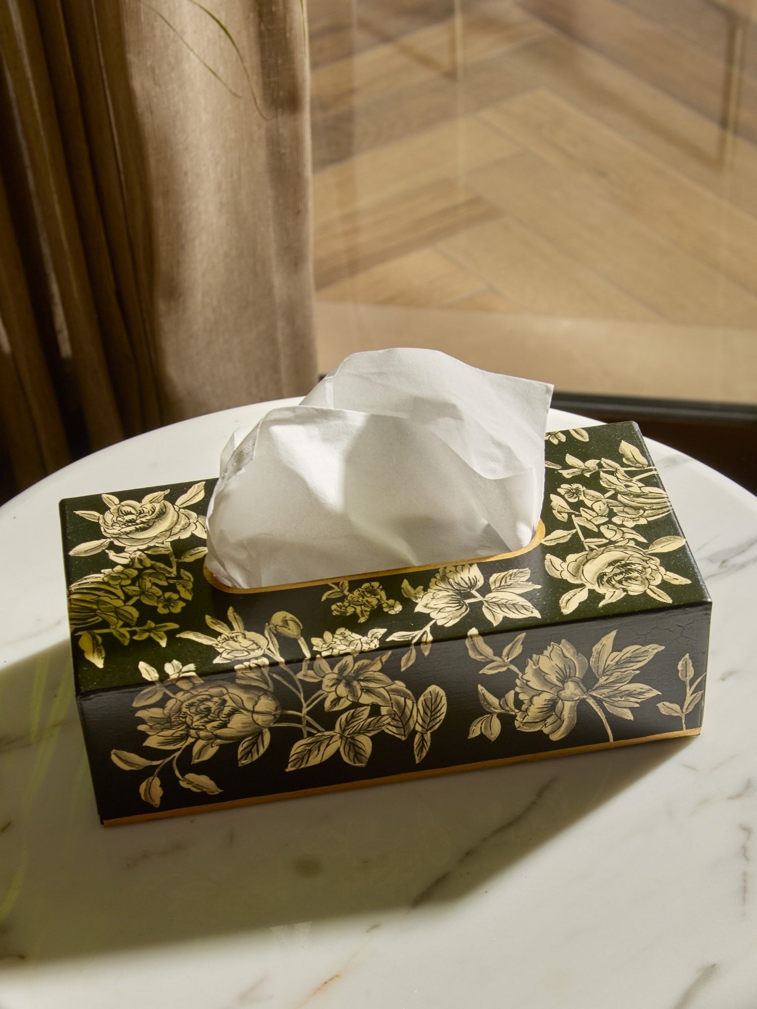 Peony Monochrome Handpainted Tissue Box Cover - Rectangle (With Base)