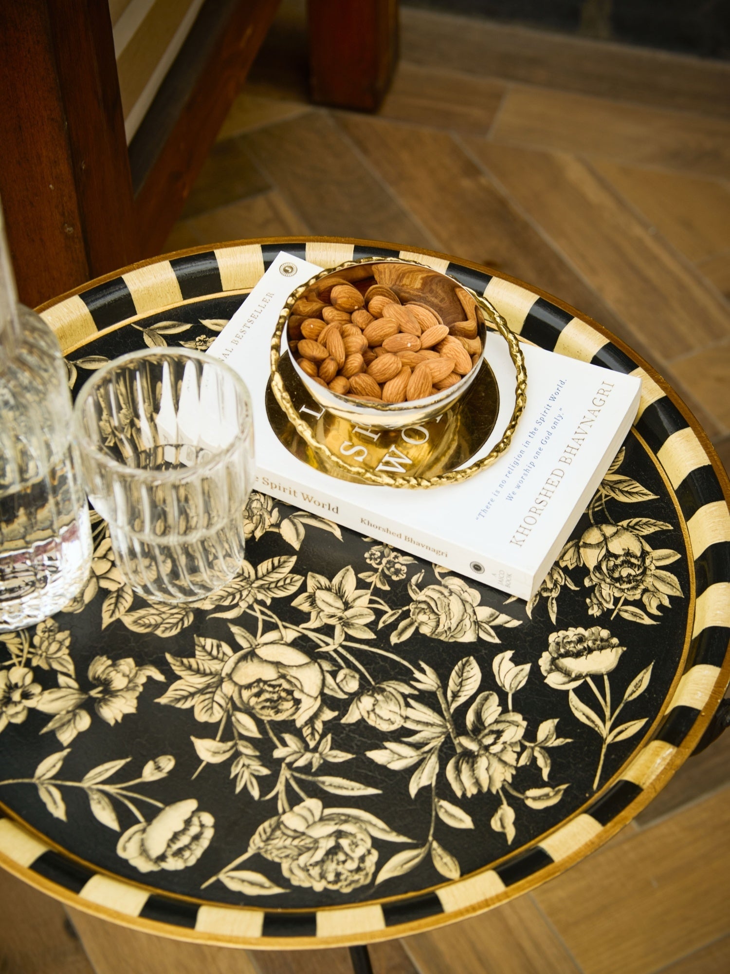 Peony Monochrome Handpainted Butler Tray (Round)