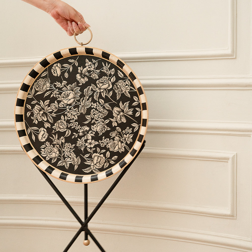 Handpainted Monochrome Tripod Butler Tray - Round